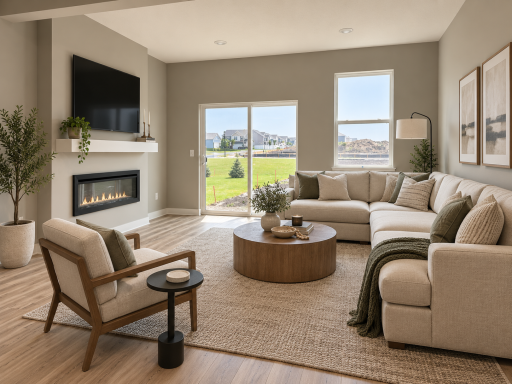 Unwind by the cozy electric fireplace in this bright and welcoming living room. *Photo of similar home. Virtually staged.