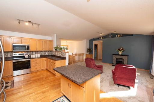 The center island offers additional workspace and storage.