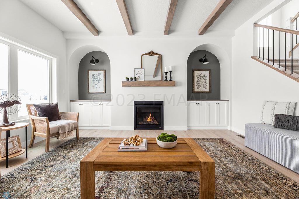 Fireplace, built ins, beams